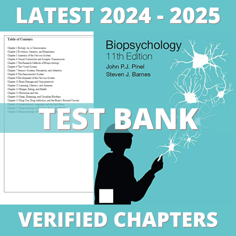 Test bank - Biopsychology 11th Edition (Pinel, 2021), All Chapters 1-18