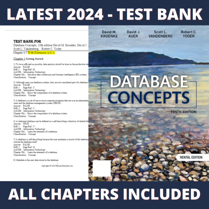 Test bank - Database Concepts 10th Edition (David Kroenke, 2016), Verified Chapters, Latest 2024 - 2025