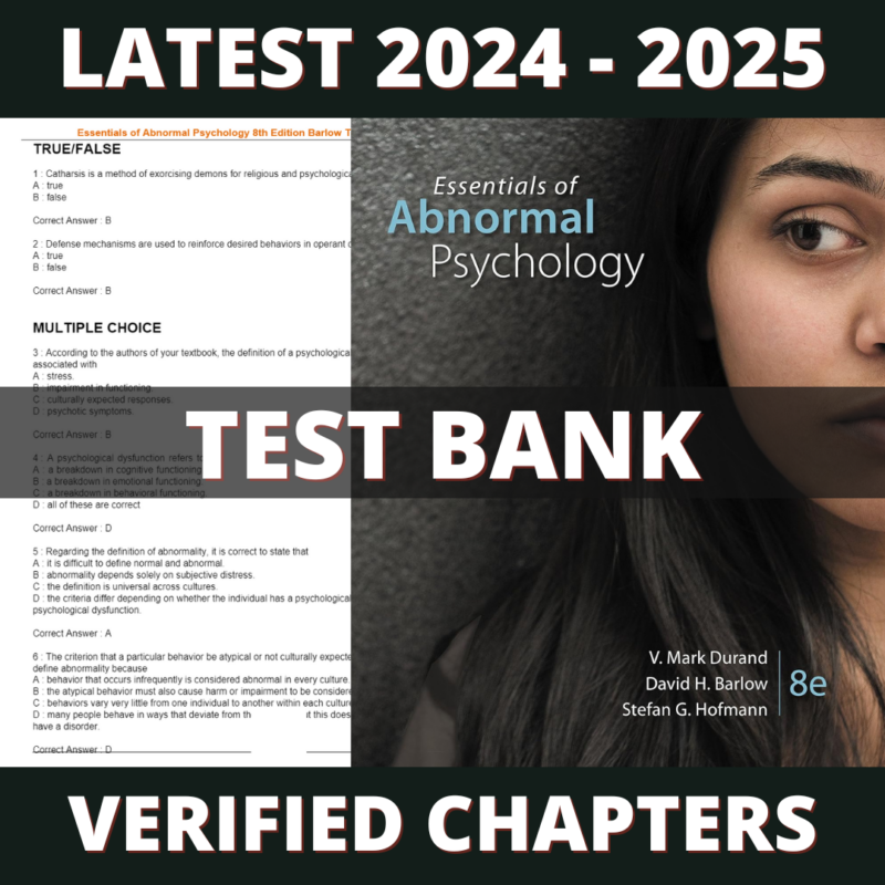 Test bank - Essentials of Abnormal Psychology 8th Edition (V. Durand, 2018)