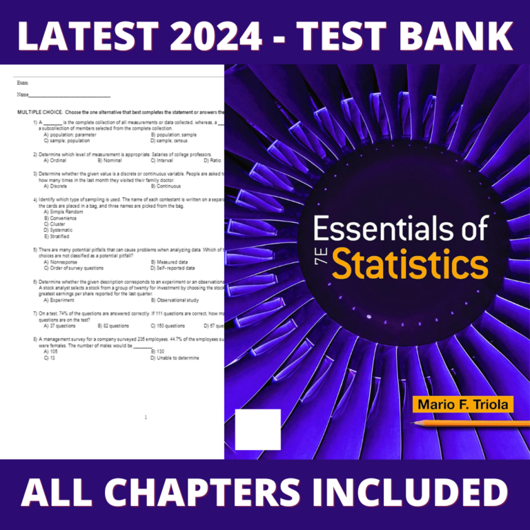 Test bank - Essentials of Statistics 7th Edition (Mario F. Triola, 2023), Verified Chapters, Latest 2024 - 2025