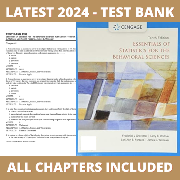 Test bank - Essentials of Statistics for the Behavioral Sciences 10th Edition (Frederick J Gravetter, 2021), Verified Chapters, Latest 2024 - 2025