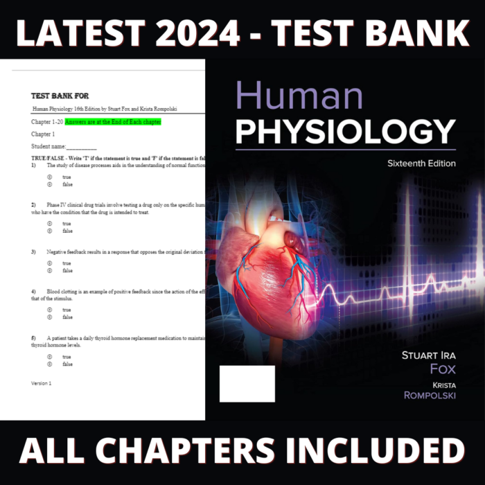 Test bank - Human Physiology 16th Edition (Stuart Fox, 2022), Verified Chapters, Latest 2024 - 2025