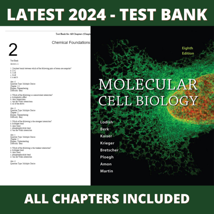 Test bank - Molecular Cell Biology 8th Edition (Arnold Berk, 2016), Verified Chapters, Latest 2024 - 2025