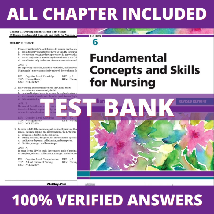 Test Bank for Fundamental Concepts and Skills for Nursing, Revised Reprint, 6th Edition (Williams, 2023)