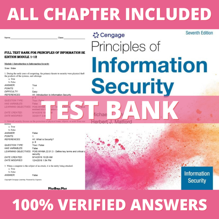 Test Bank for Principles of Information Security 7th Edition (Whitman,2021)