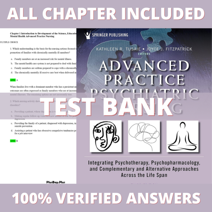 Test Bank - Advanced Practice Psychiatric Nursing Integrating Psychotherapy, Psychopharmacology, and Complementary and Alternative Approaches Across the Life Span 3rd Edition (Tusaie, 2022), Chapter 1-24