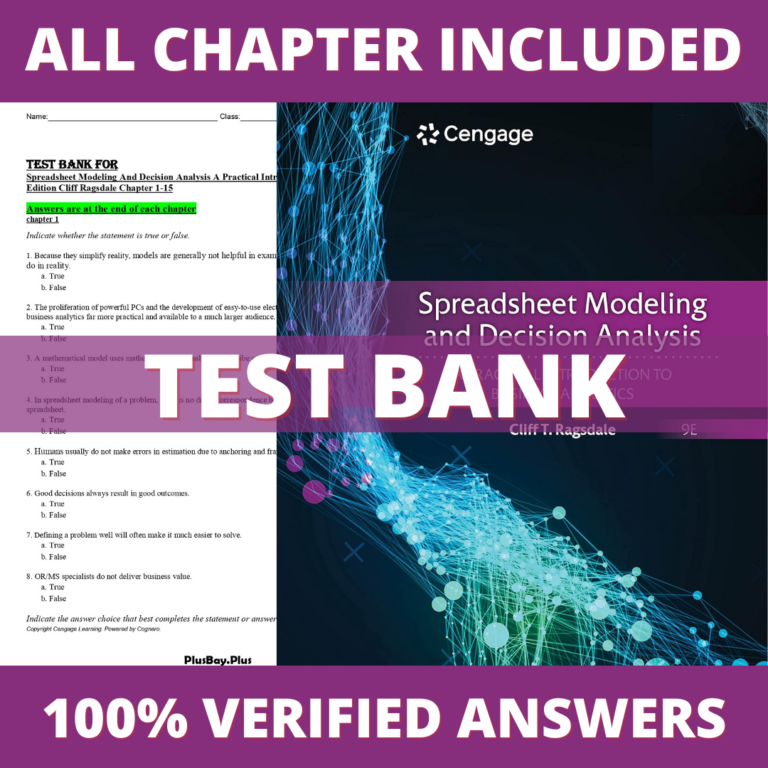 Test Bank for Spreadsheet Modeling And Decision Analysis A Practical Introduction To Business Analytics 9th Edition (Ragsdale, 2021)