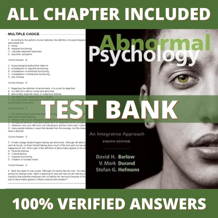 Test Bank for Abnormal Psychology An Integrative Approach 8th Edition (David H. Barlow, 2017)