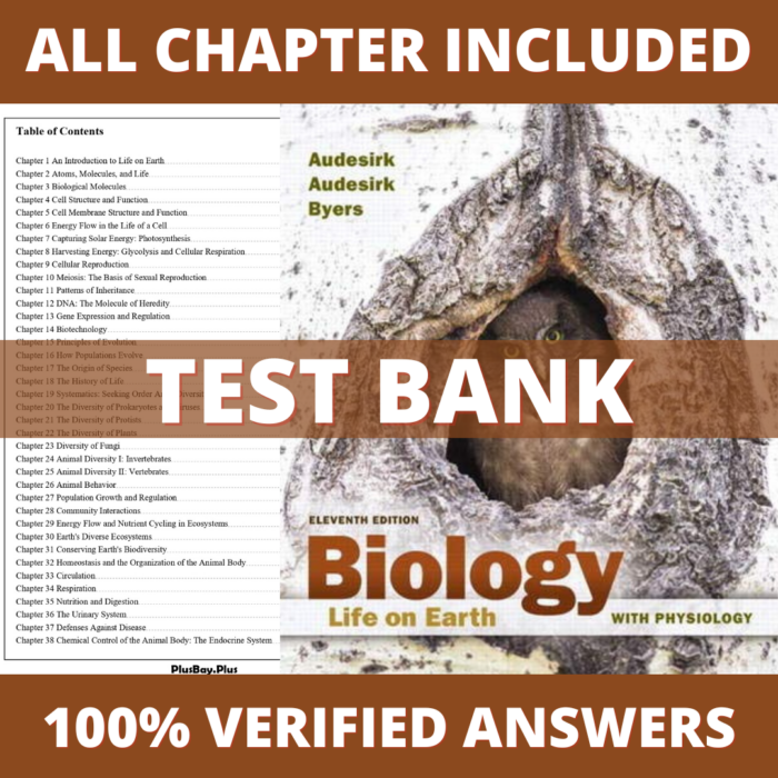 Test Bank for Biology Life on Earth with Physiology, 11th Edition (Audesirk, 2017)