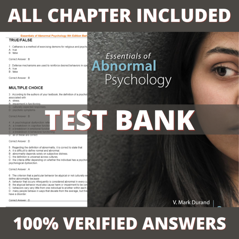 Test Bank for Essentials of Abnormal Psychology 8th Edition (V. Durand, 2018)