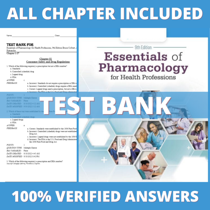 Test Bank for Essentials of Pharmacology for Health Professions 9th Edition (Colbert, 2023)