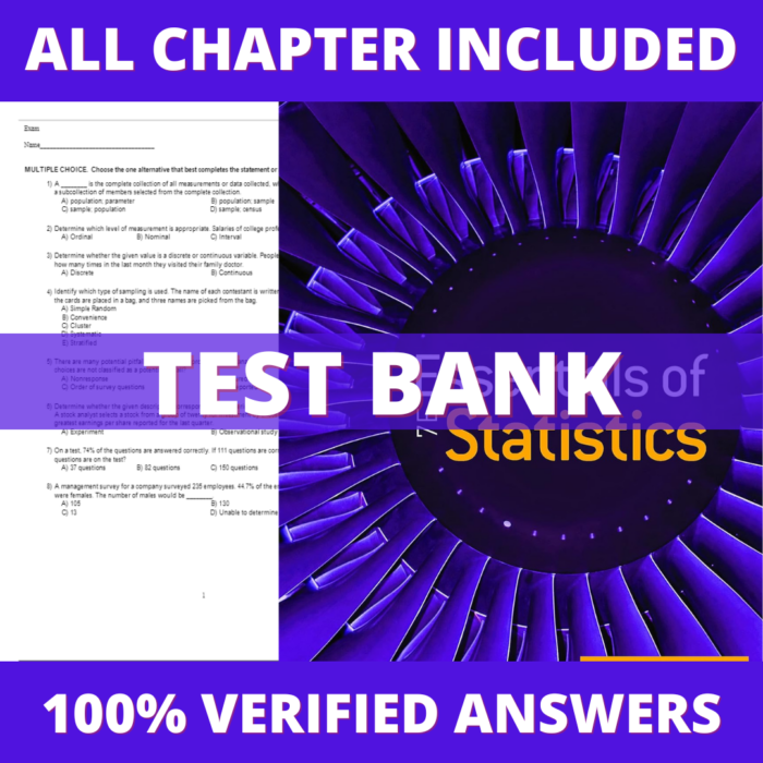 Test Bank for Essentials of Statistics 7th Edition (Triola, 2023)