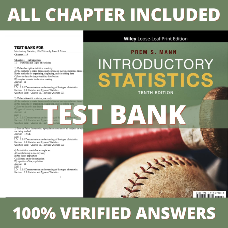 Test Bank for Introductory Statistics 10th Edition (Mann, 2021)