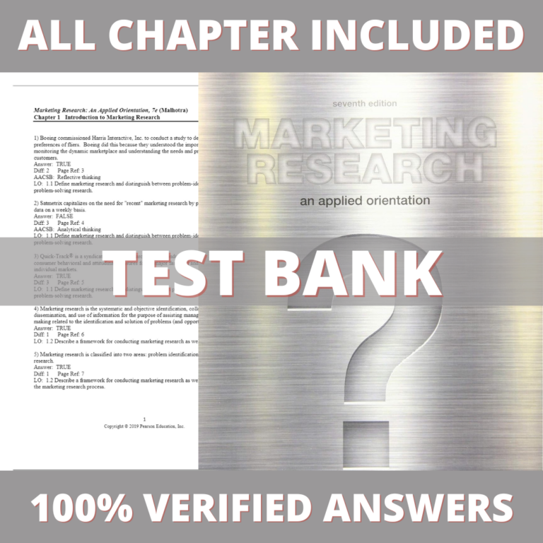 Test Bank for Marketing Research An Applied Orientation 7th Edition (Malhotra, 2022)