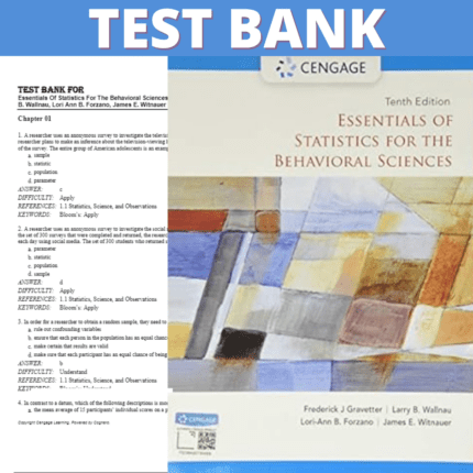 Test Bank for Essentials of Statistics for the Behavioral Sciences 10th Edition (Gravetter, 2021)